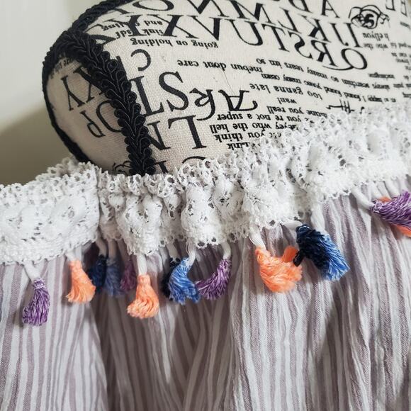 Listicle Top Tassle Fringe Off The Shoulder Brown White Stripe Relaxed Fit Large - Picture 3 of 9